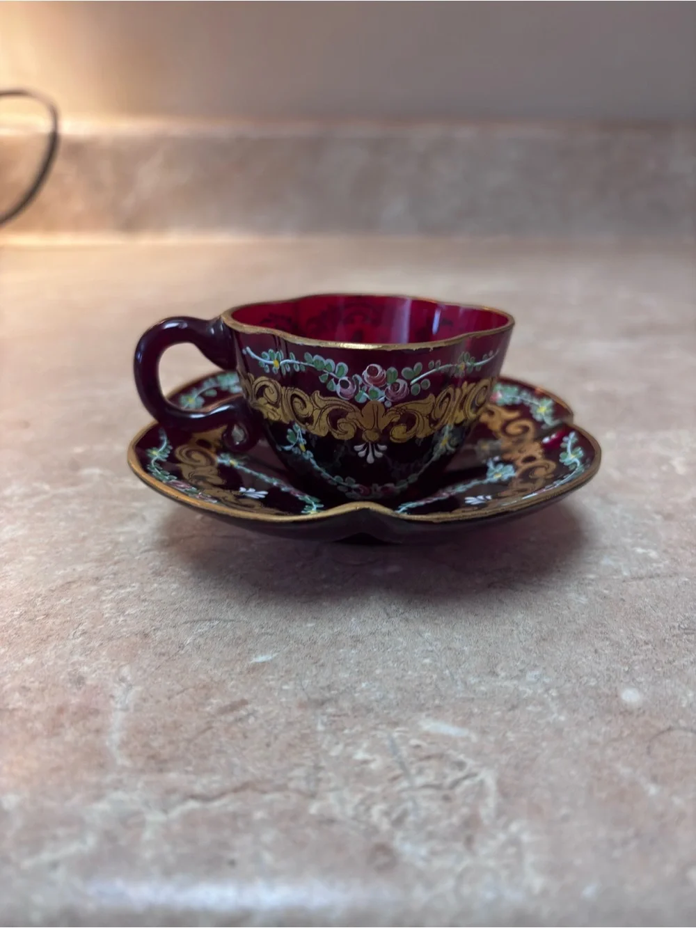 Antique Bohemian Glass Ruby Red Demitasse Cup + Saucer Set Mosier Style